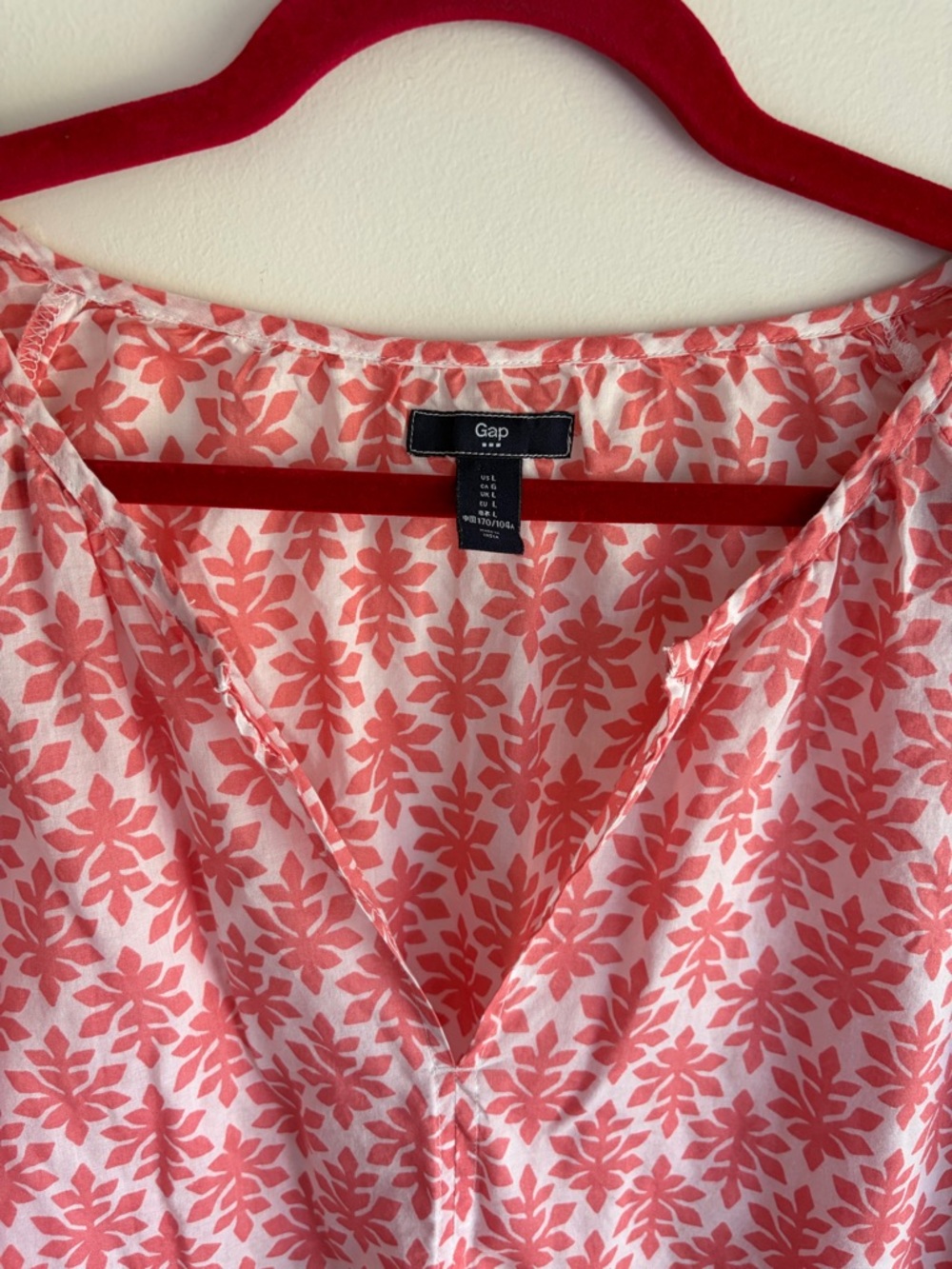 GAP Split Neck Floral 3/4 Sleeve 100% Cotton Peasant Blouse Size L - Picture 5 of 6